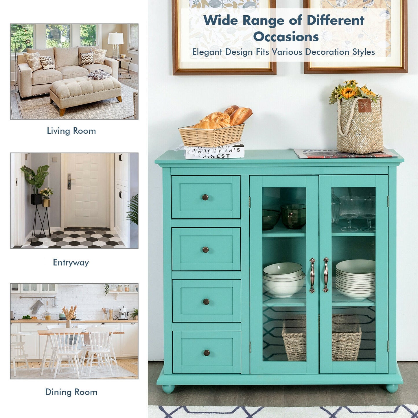 Buffet Sideboard Table Kitchen Storage Cabinet with Drawers and Doors-Green, Fully Assembled
