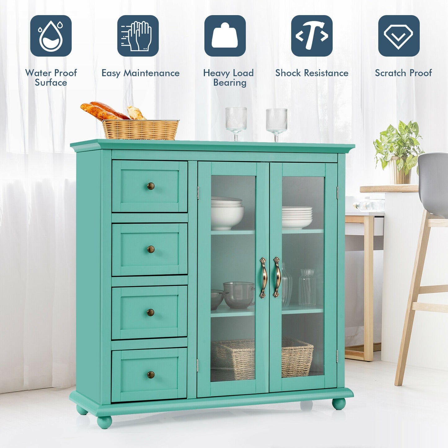 Buffet Sideboard Table Kitchen Storage Cabinet with Drawers and Doors-Green, Fully Assembled