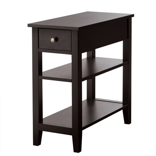 3-Tier Nightstand Bedside Table Sofa Side with Double Shelves Drawer-Coffee (Fully Assembled)