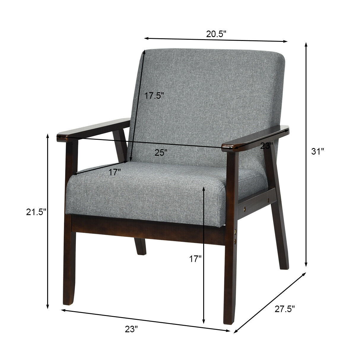 Solid Rubber Wood Fabric Accent Armchair-Gray (Assembled)