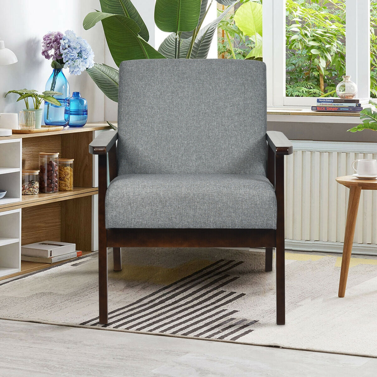 Solid Rubber Wood Fabric Accent Armchair-Gray (Assembled)