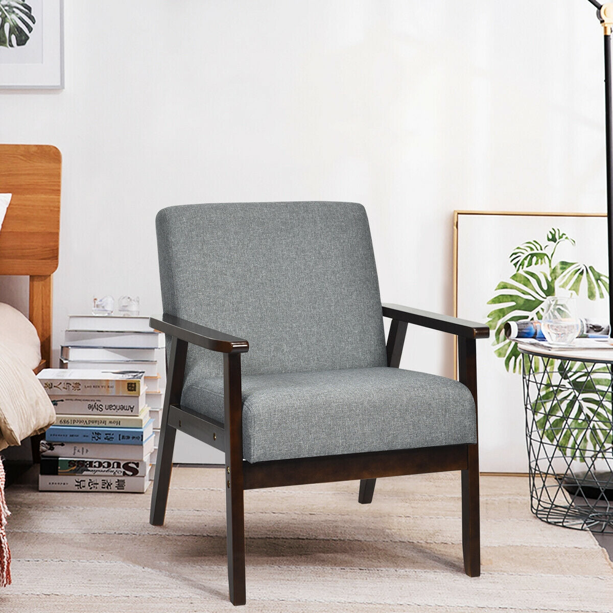Solid Rubber Wood Fabric Accent Armchair-Gray (Assembled)