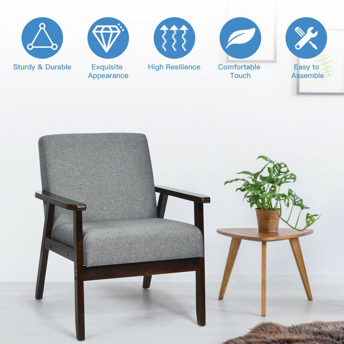 Solid Rubber Wood Fabric Accent Armchair-Gray (Assembled)
