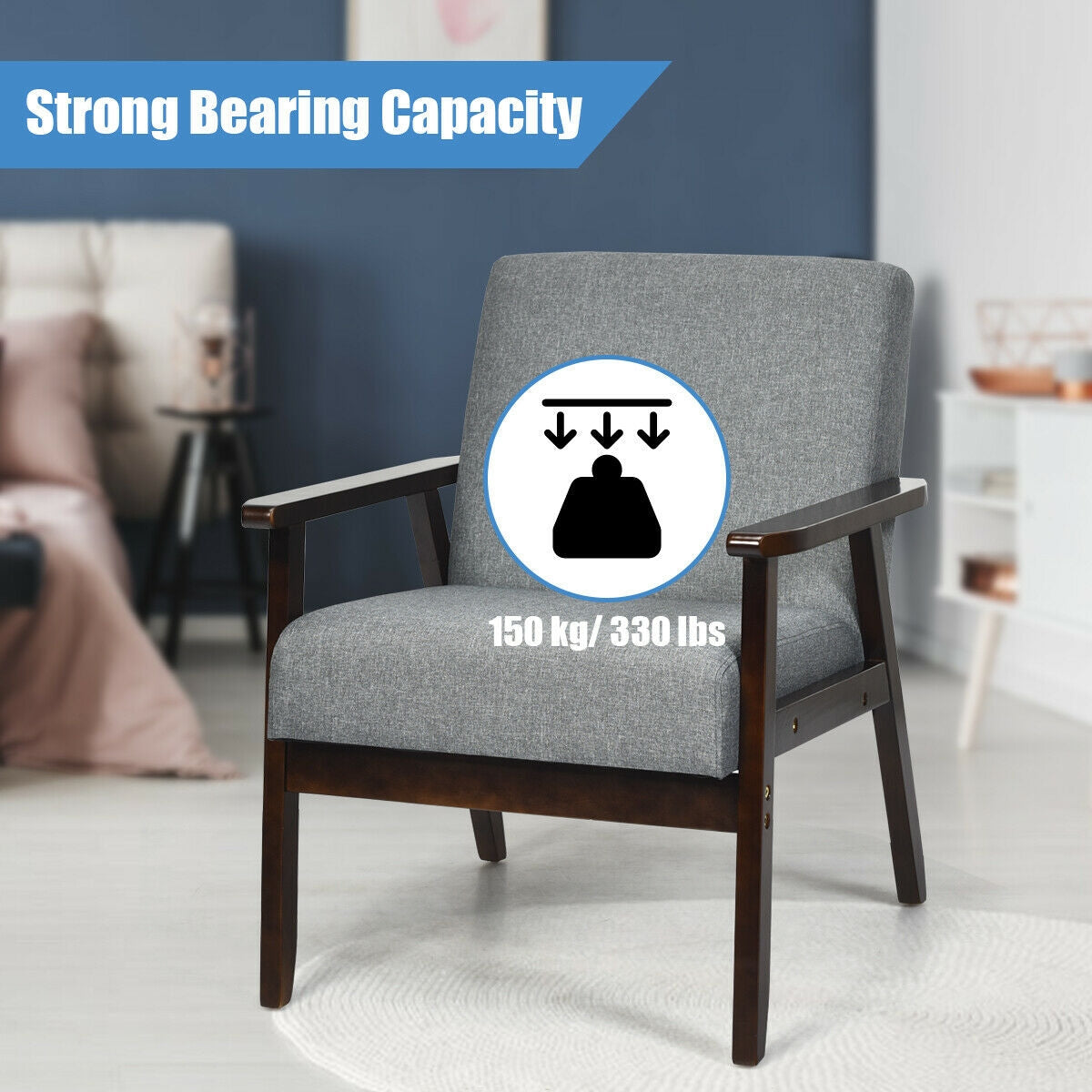 Solid Rubber Wood Fabric Accent Armchair-Gray (Assembled)