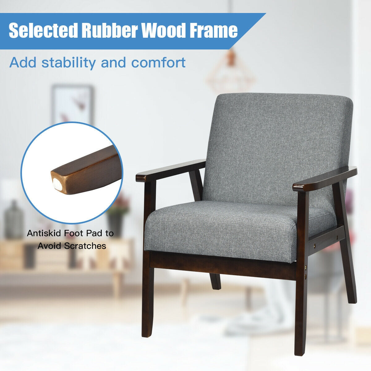 Solid Rubber Wood Fabric Accent Armchair-Gray (Assembled)
