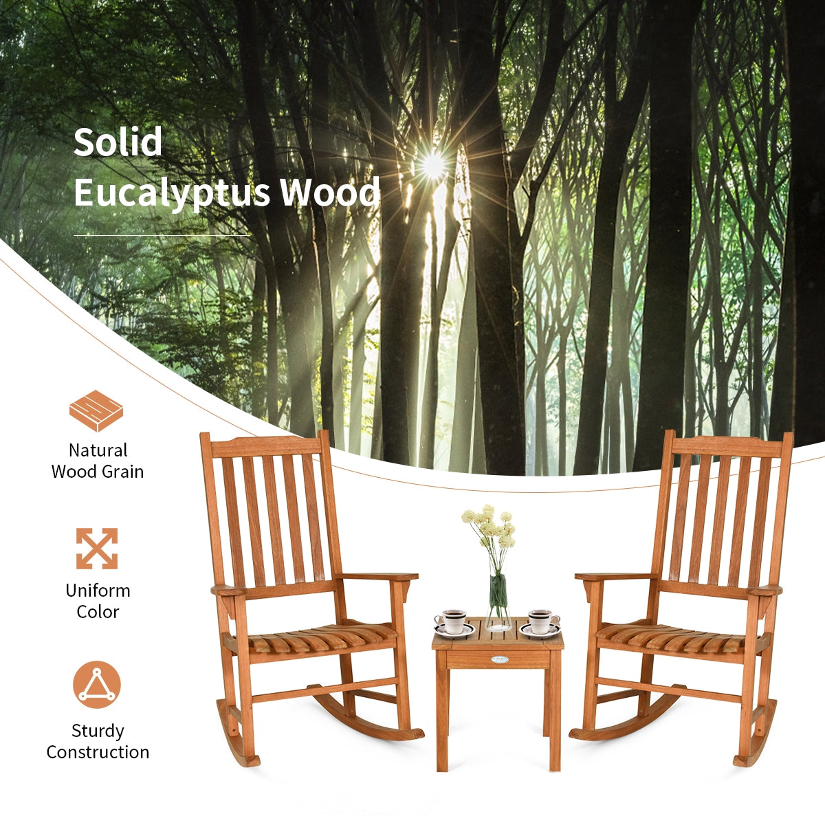 3 Pieces Eucalyptus Rocking Chair Set with Coffee Table (Fully Assembled) (Scratch and Dent)