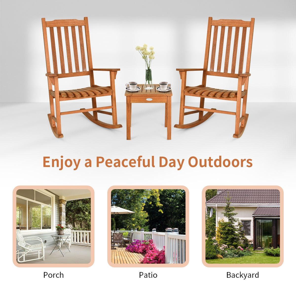 3 Pieces Eucalyptus Rocking Chair Set with Coffee Table (Fully Assembled) (Scratch and Dent)