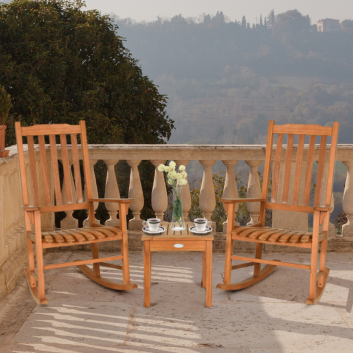 3 Pieces Eucalyptus Rocking Chair Set with Coffee Table (Fully Assembled) (Scratch and Dent)