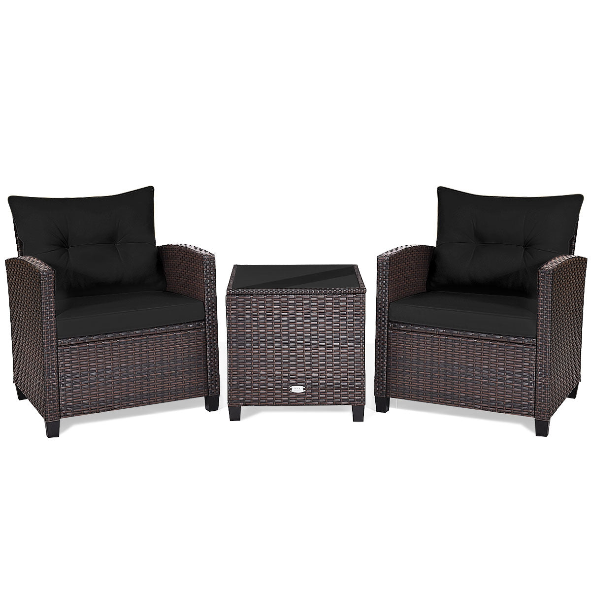 3 Pieces Cushioned Rattan Patio Conversation Set with Coffee Table-Black, Fully Assembled