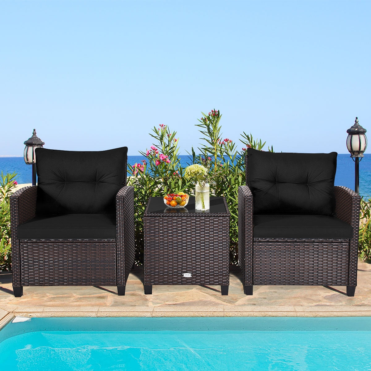 3 Pieces Cushioned Rattan Patio Conversation Set with Coffee Table-Black, Fully Assembled