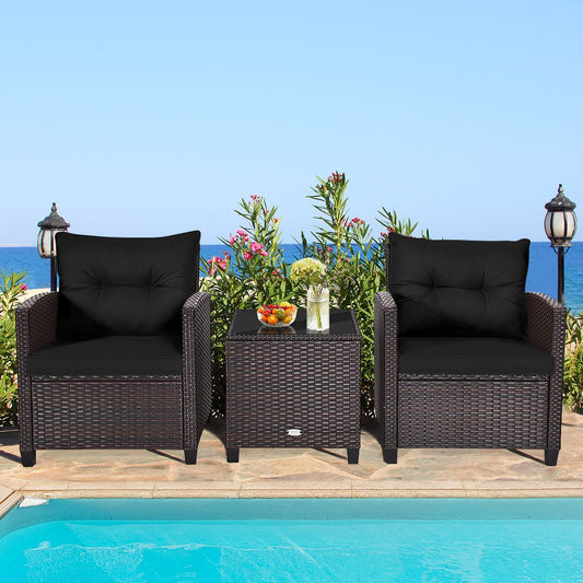 3 Pieces Cushioned Rattan Patio Conversation Set with Coffee Table-Black, Fully Assembled