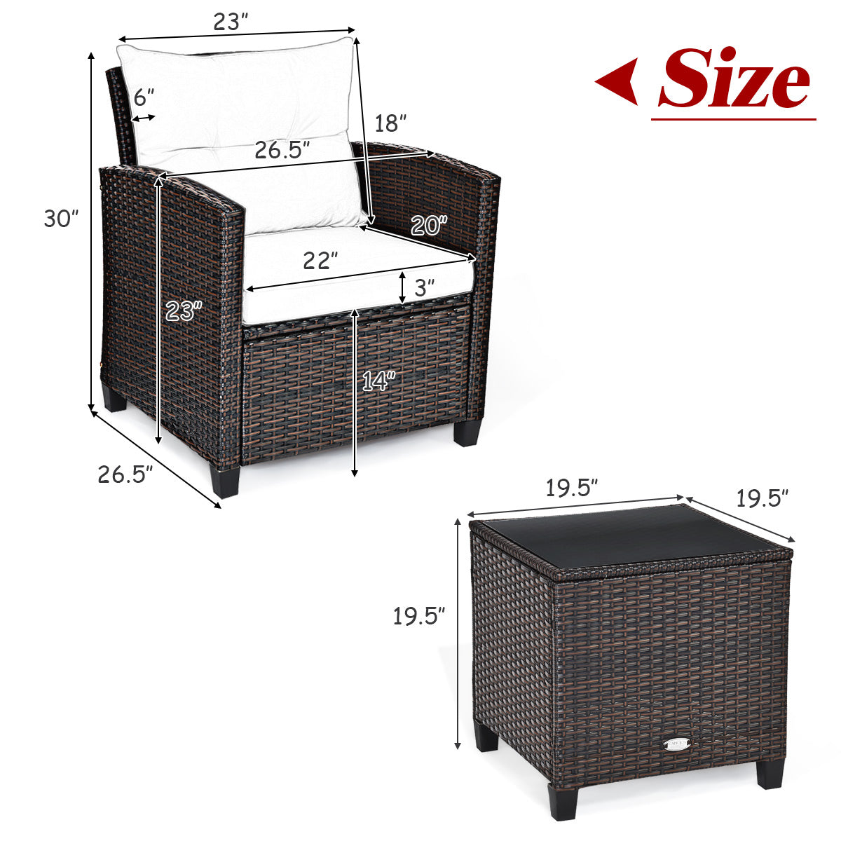 3 Pieces Cushioned Rattan Patio Conversation Set with Coffee Table-Black, Fully Assembled