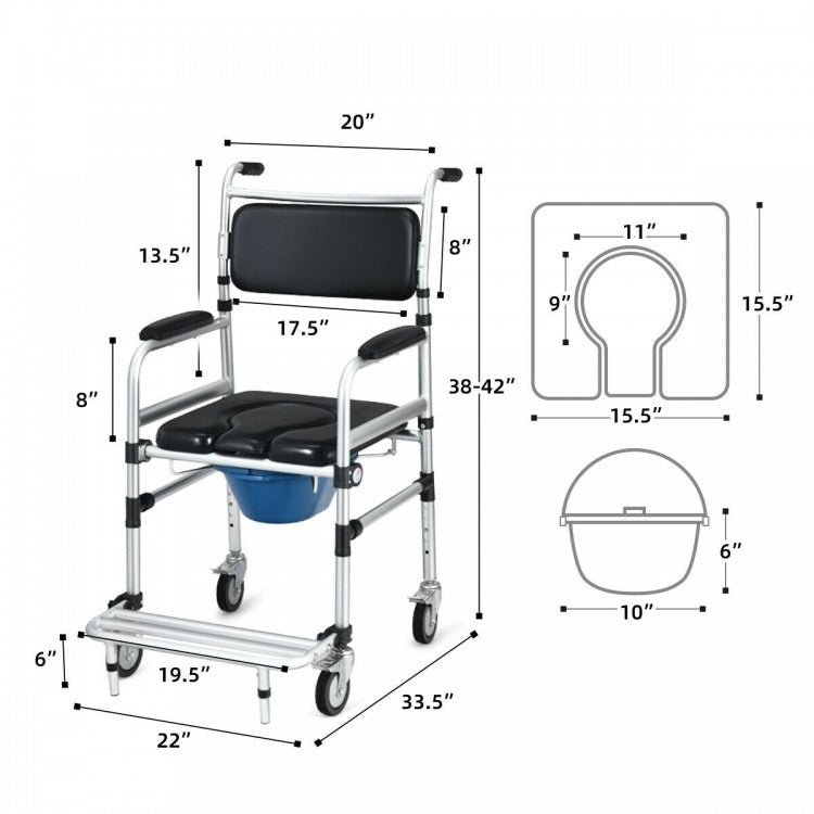 SALE,  2-in-1 Aluminum Commode Shower Wheelchair with Locking Casters