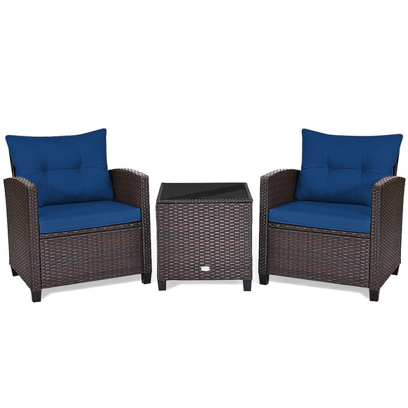 3 Pieces Cushioned Rattan Patio Conversation Set with Coffee Table-Navy