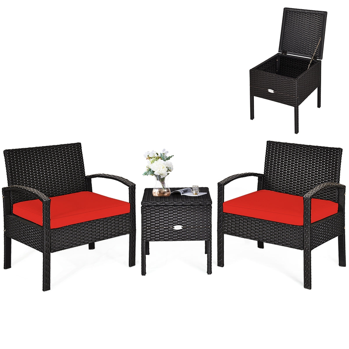Small 3 Piece PE Rattan Wicker Sofa Set -Red, Fully assembled