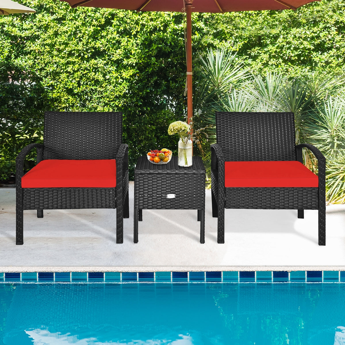 Small 3 Piece PE Rattan Wicker Sofa Set -Red, Fully assembled