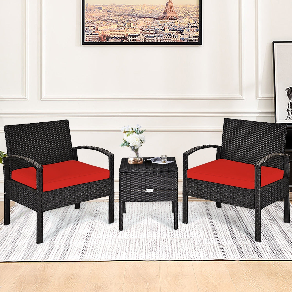 Small 3 Piece PE Rattan Wicker Sofa Set -Red, Fully assembled