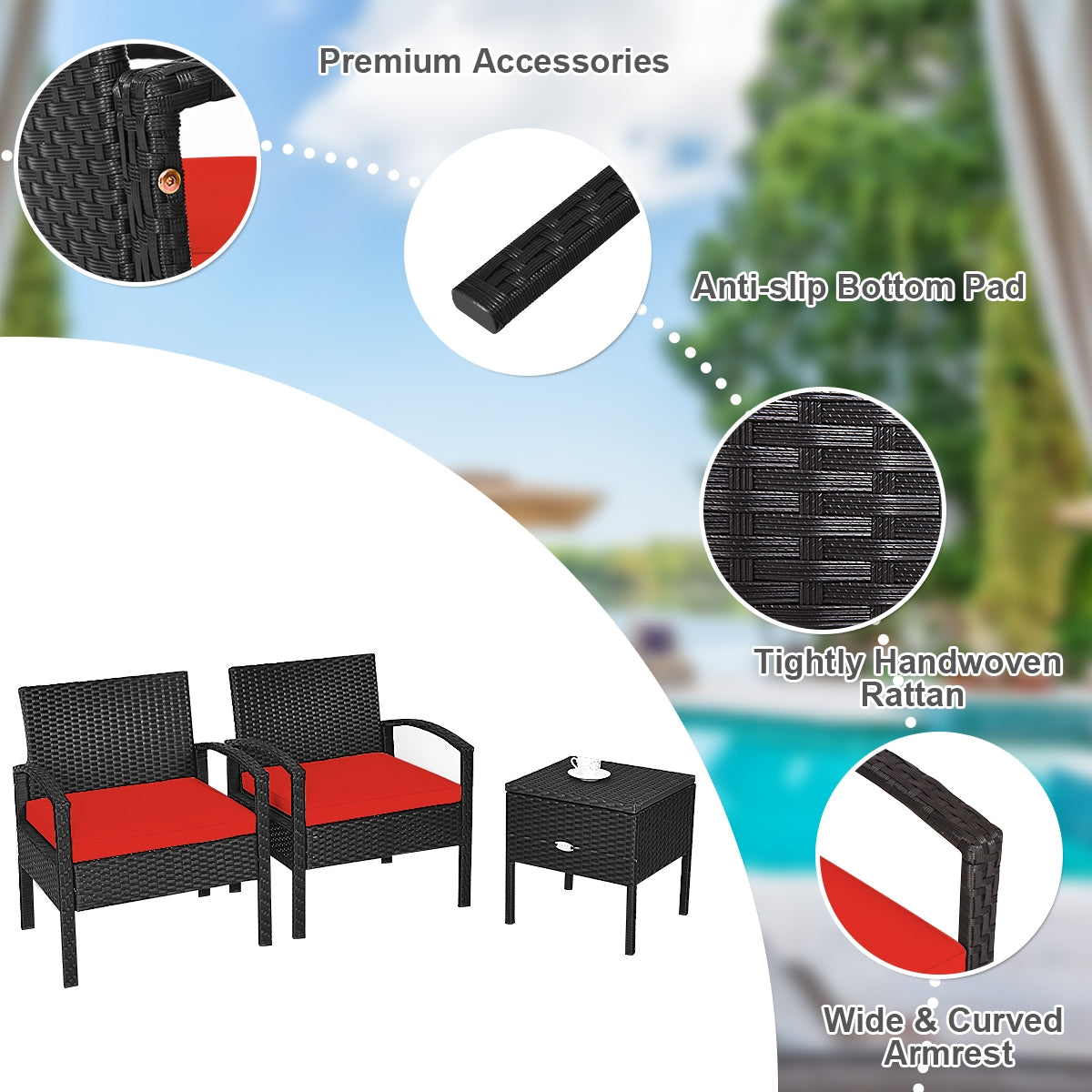 Small 3 Piece PE Rattan Wicker Sofa Set -Red, Fully assembled