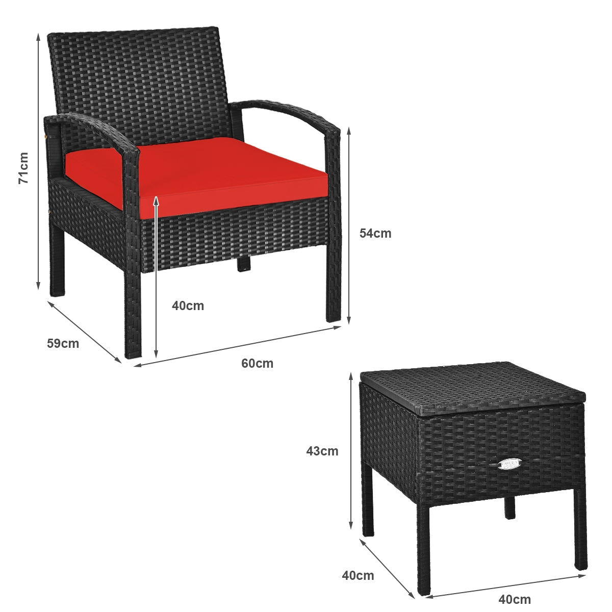 Small 3 Piece PE Rattan Wicker Sofa Set -Red, Fully assembled
