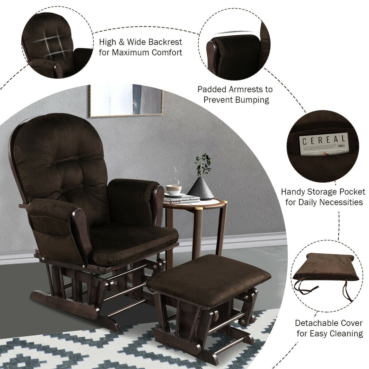 Wood Glider and Ottoman Set with Padded Armrests and Detachable Cushion-Brown