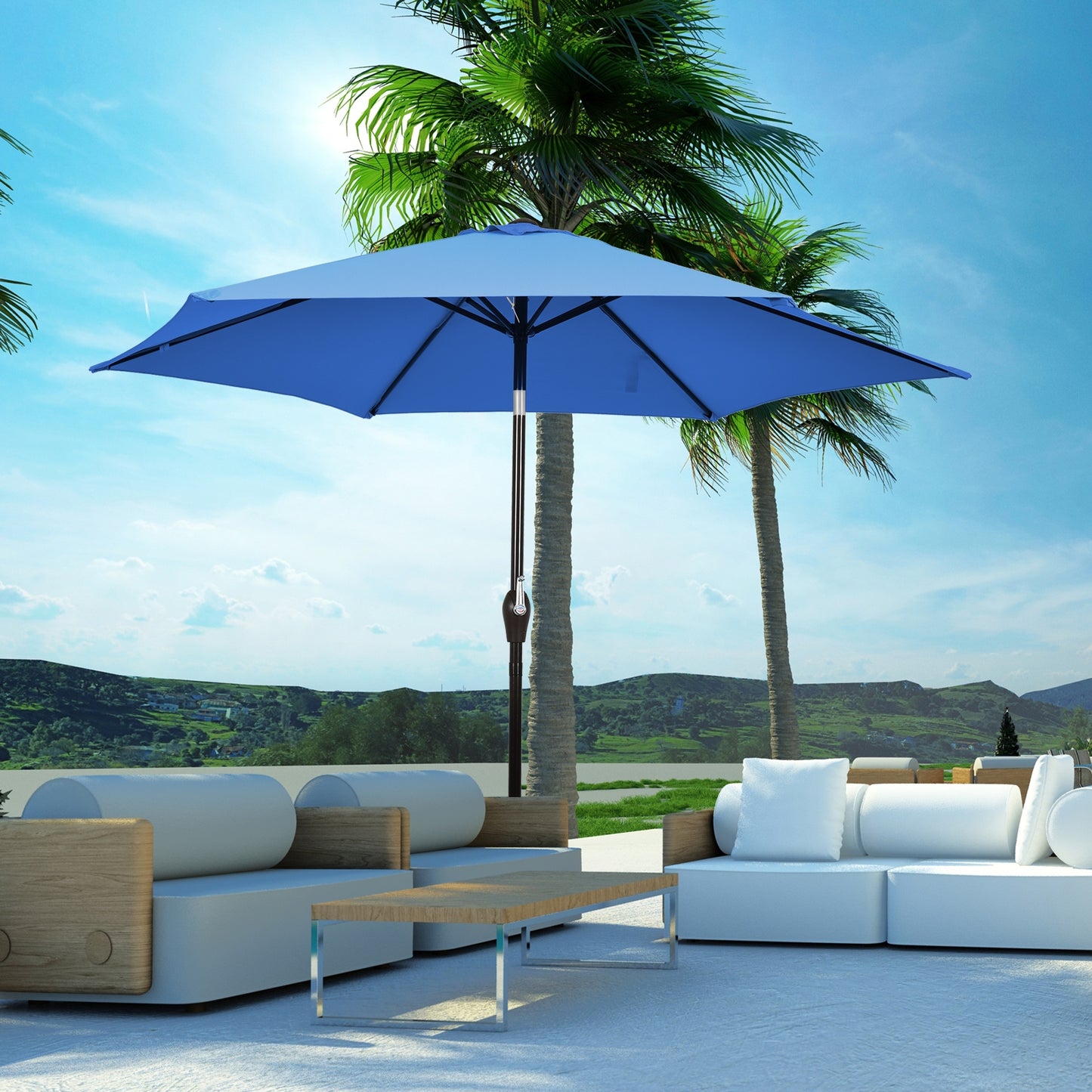 10' 6 Ribs Patio Umbrella with Crank without Weight Base-Blue