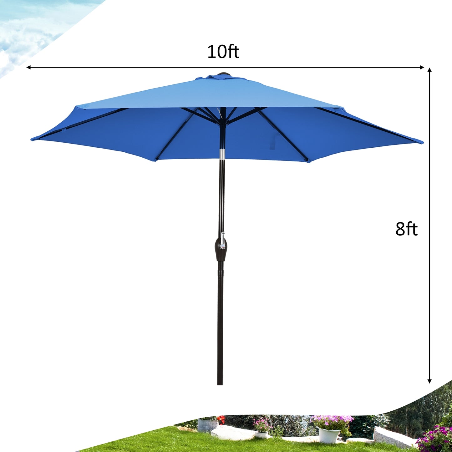 10' 6 Ribs Patio Umbrella with Crank without Weight Base-Blue