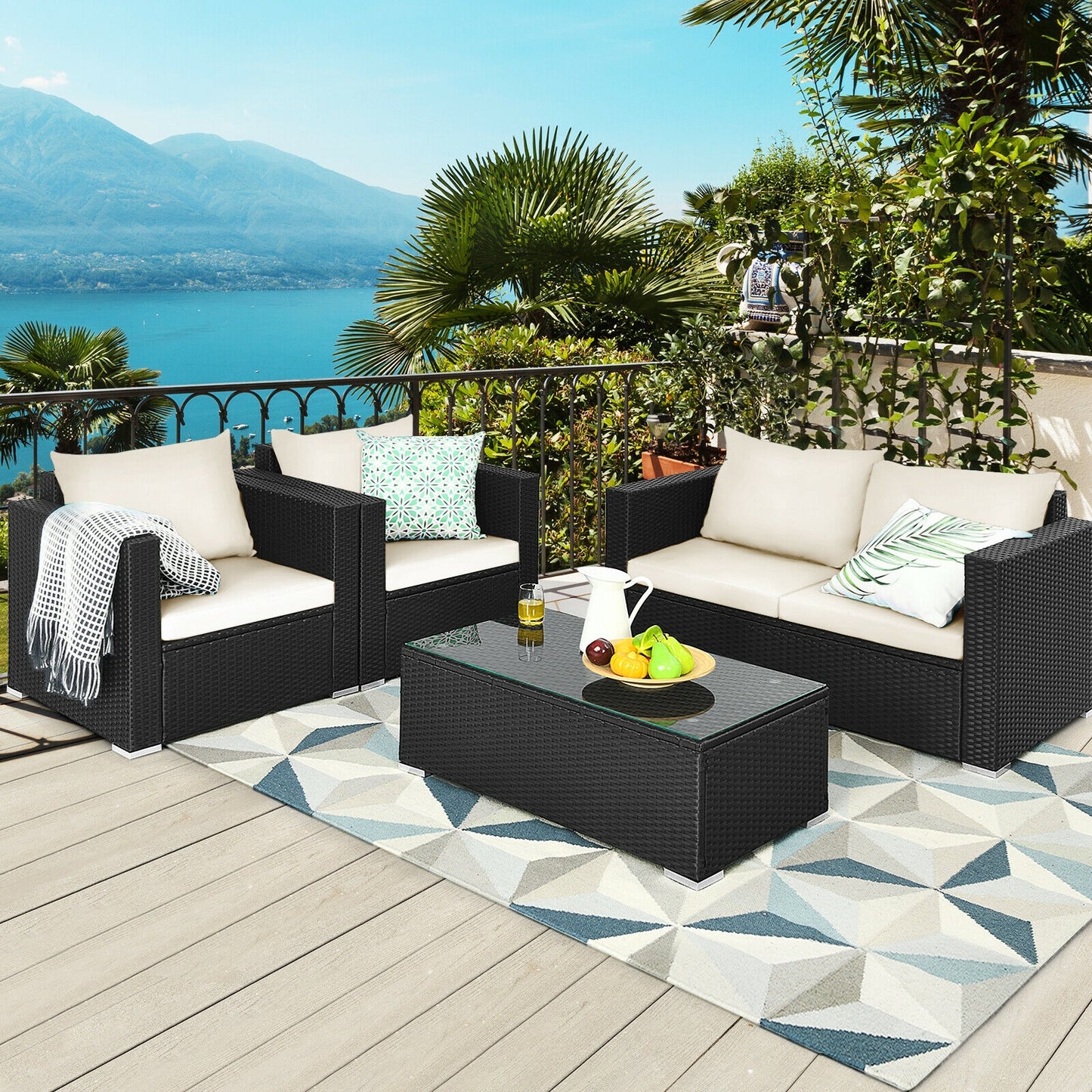 4 Pieces Patio Rattan Cushioned Furniture Set-White (Fully Assembled)