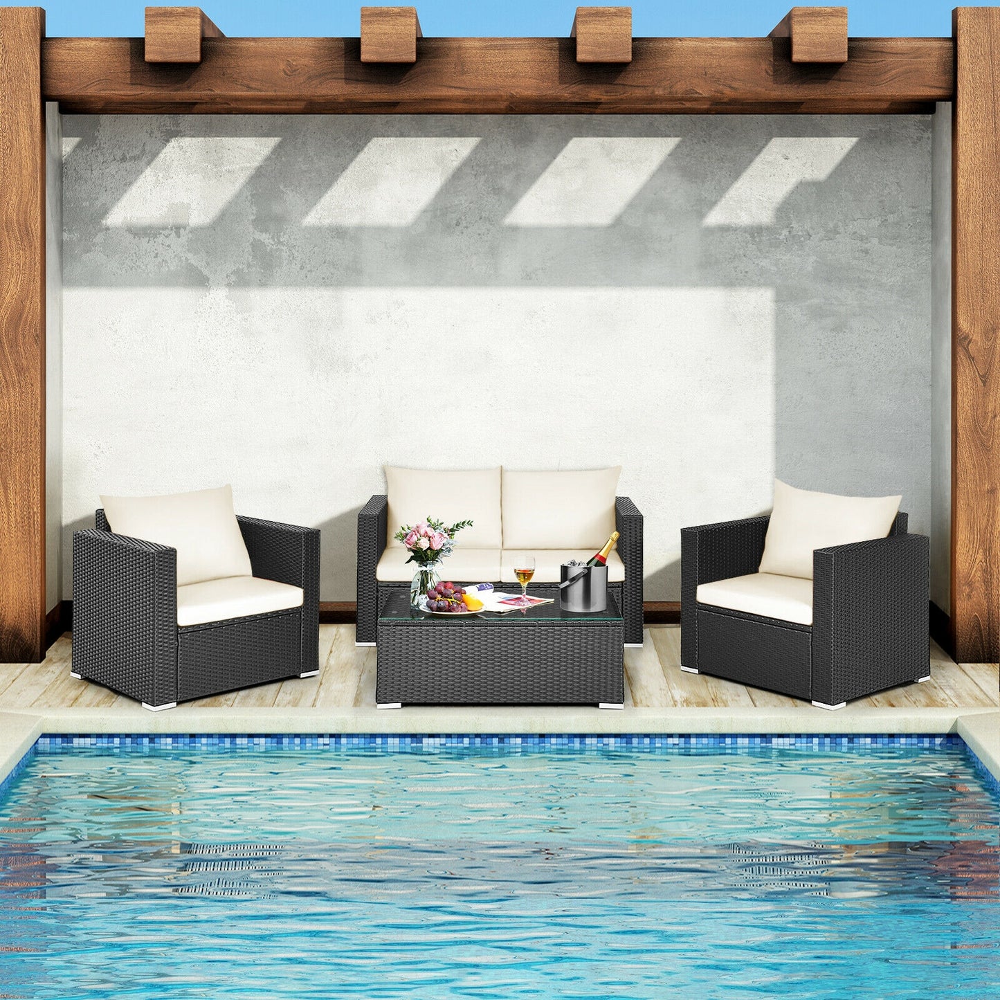 4 Pieces Patio Rattan Cushioned Furniture Set-White (Fully Assembled)