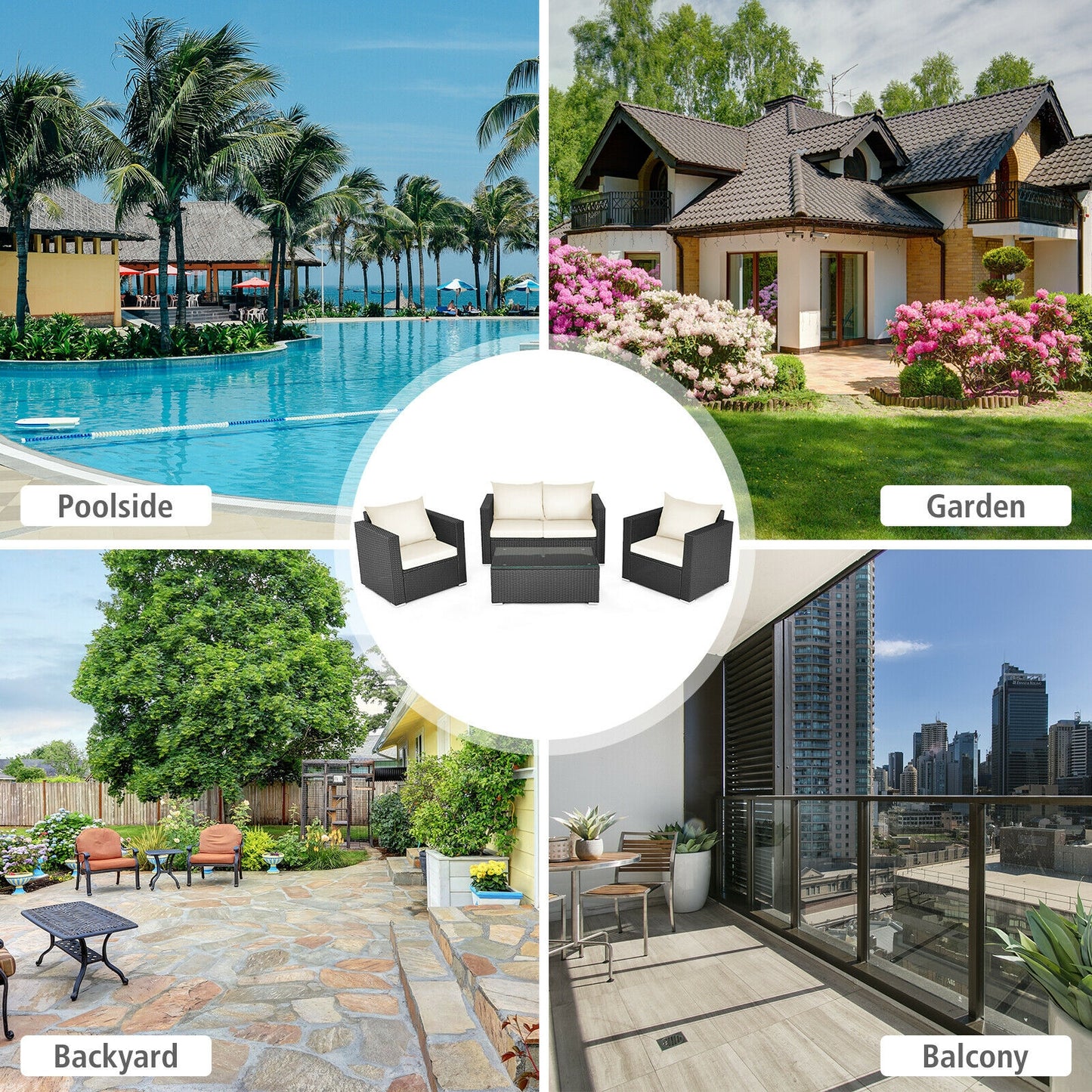 4 Pieces Patio Rattan Cushioned Furniture Set-White (Fully Assembled)