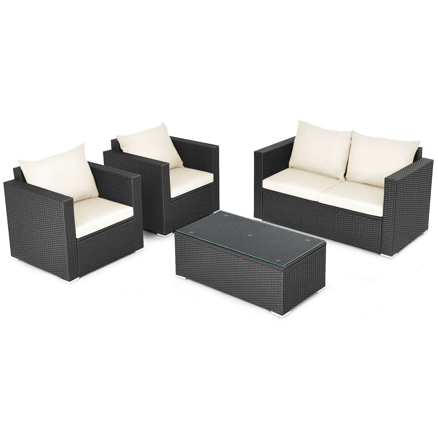 4 Pieces Patio Rattan Cushioned Furniture Set-White (Fully Assembled)