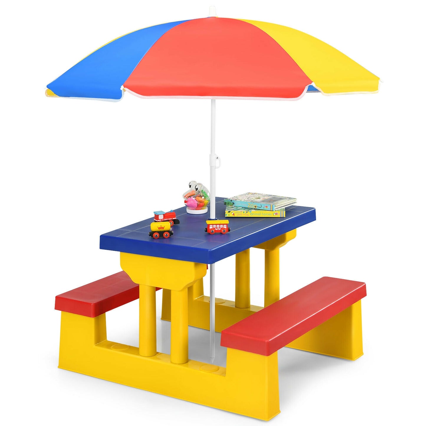 Kids Picnic Folding Table and Bench Set with Umbrella-Yellow scratch & dent