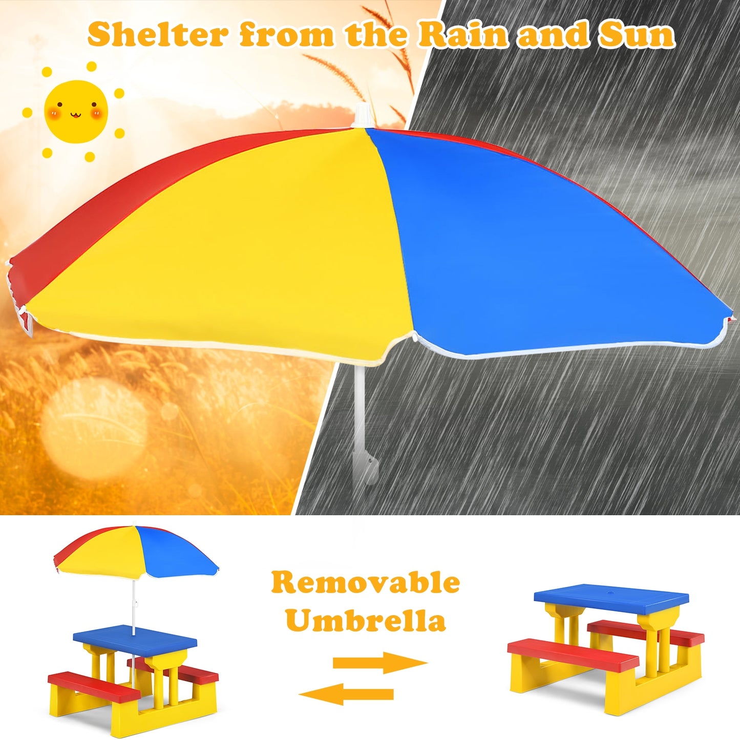 Kids Picnic Folding Table and Bench Set with Umbrella-Yellow scratch & dent