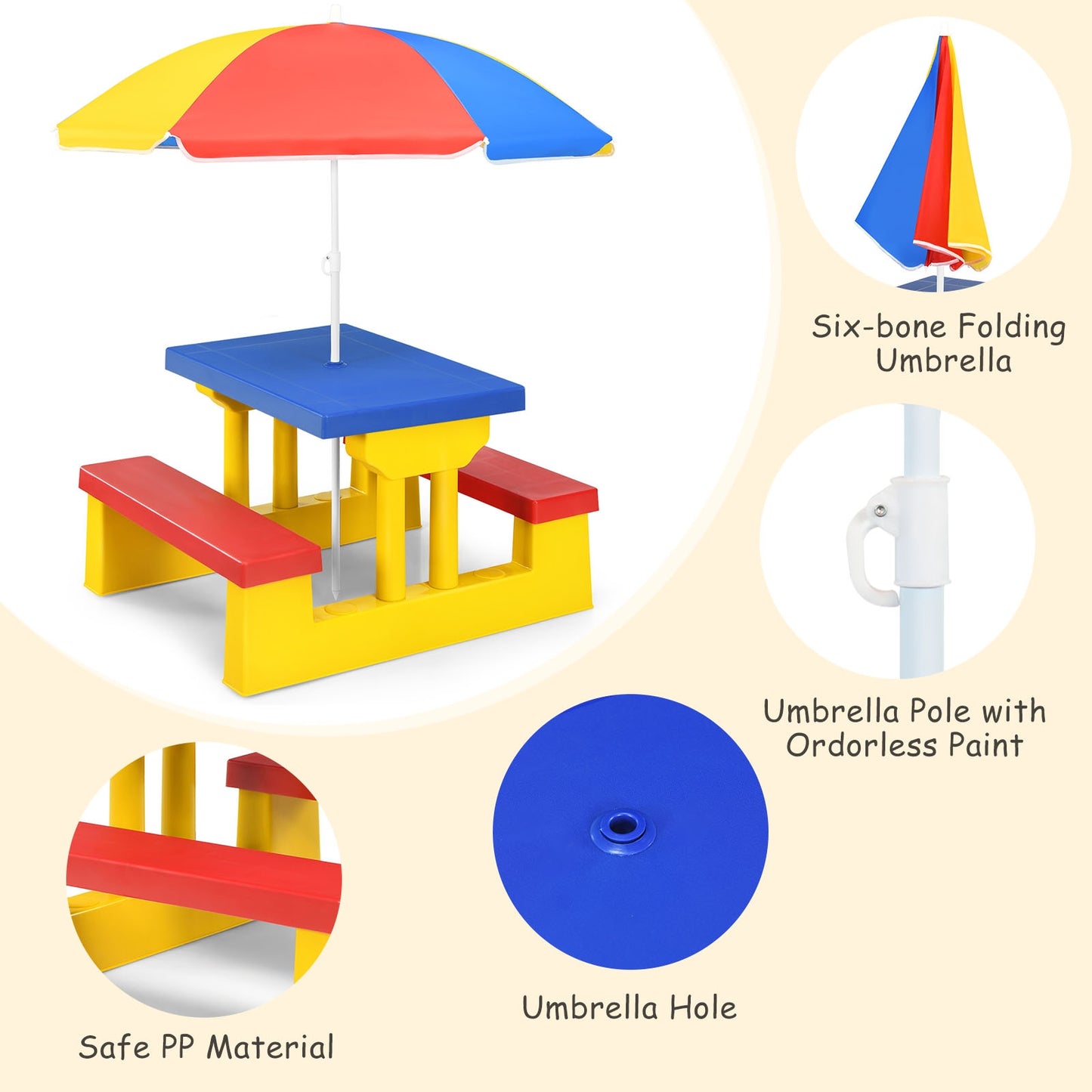 Kids Picnic Folding Table and Bench Set with Umbrella-Yellow scratch & dent