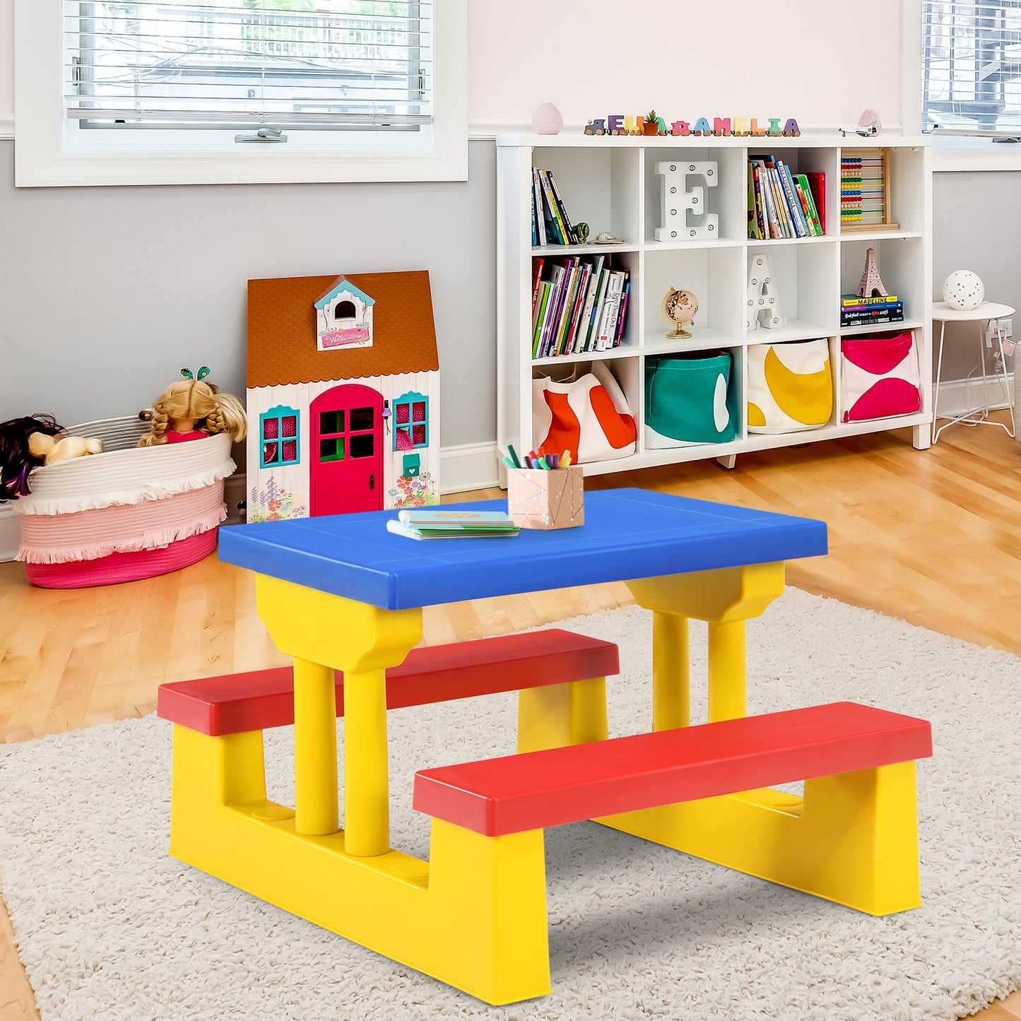 Kids Picnic Folding Table and Bench Set with Umbrella-Yellow scratch & dent