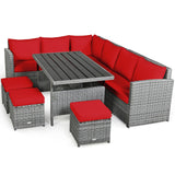 7 Pieces Patio Rattan Dining Furniture Sectional Sofa Set with Wicker Ottoman-Red/Black