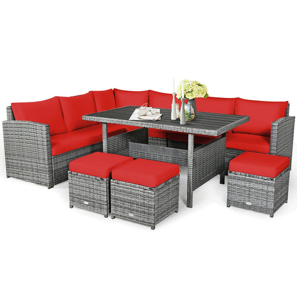 7 Pieces Patio Rattan Dining Furniture Sectional Sofa Set with Wicker Ottoman-Red/Black