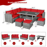 7 Pieces Patio Rattan Dining Furniture Sectional Sofa Set with Wicker Ottoman-Red/Black