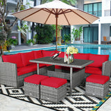 7 Pieces Patio Rattan Dining Furniture Sectional Sofa Set with Wicker Ottoman-Red/Black