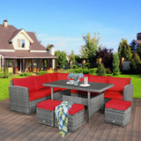 7 Pieces Patio Rattan Dining Furniture Sectional Sofa Set with Wicker Ottoman-Red/Black