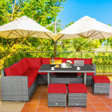 7 Pieces Patio Rattan Dining Furniture Sectional Sofa Set with Wicker Ottoman-Red/Black