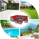 7 Pieces Patio Rattan Dining Furniture Sectional Sofa Set with Wicker Ottoman-Red/Black