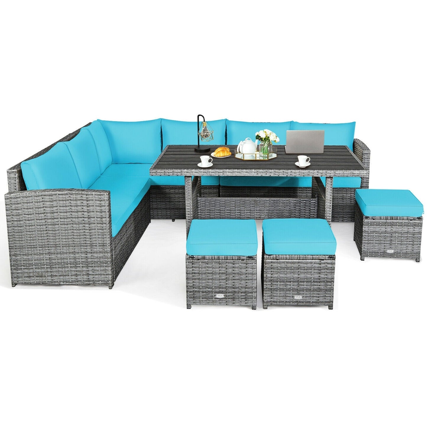 Fully Assembled, 7 Pieces Patio Rattan Dining Furniture Sectional Sofa Set with Wicker Ottoman-Turquoise