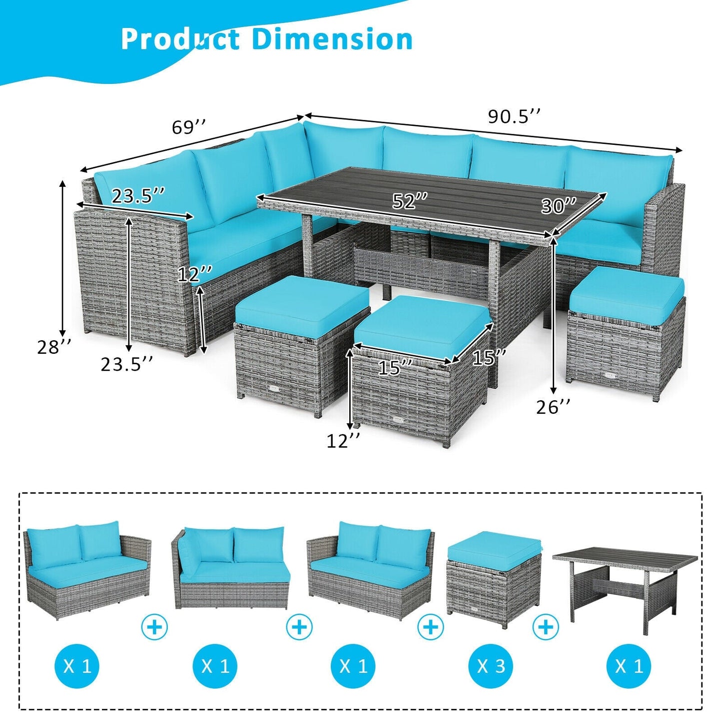 Fully Assembled, 7 Pieces Patio Rattan Dining Furniture Sectional Sofa Set with Wicker Ottoman-Turquoise
