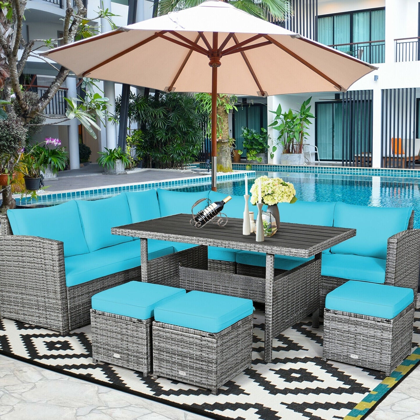 Fully Assembled, 7 Pieces Patio Rattan Dining Furniture Sectional Sofa Set with Wicker Ottoman-Turquoise