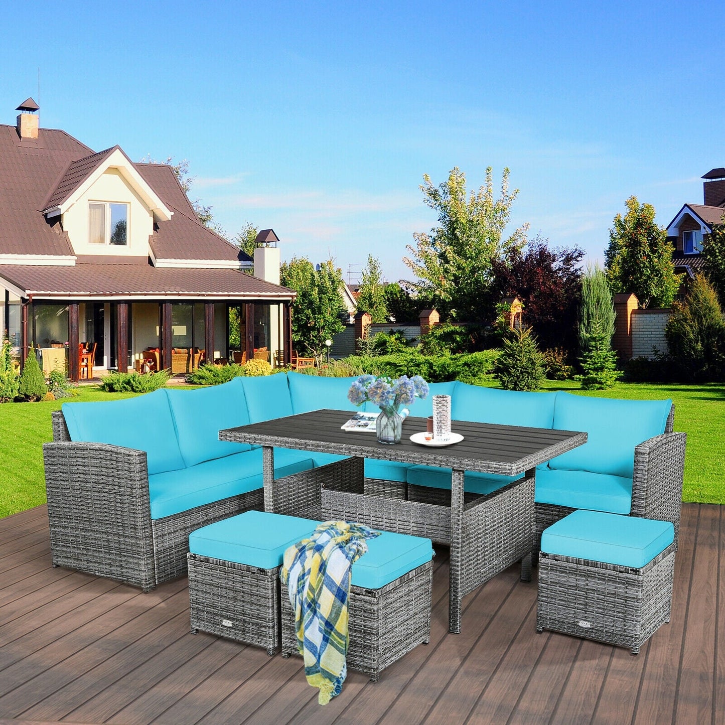 Fully Assembled, 7 Pieces Patio Rattan Dining Furniture Sectional Sofa Set with Wicker Ottoman-Turquoise