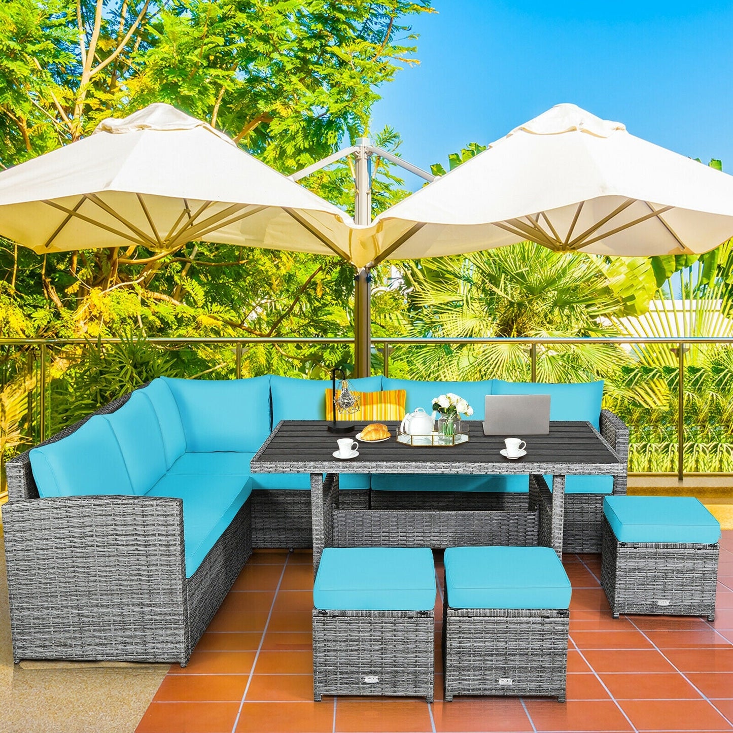 Fully Assembled, 7 Pieces Patio Rattan Dining Furniture Sectional Sofa Set with Wicker Ottoman-Turquoise
