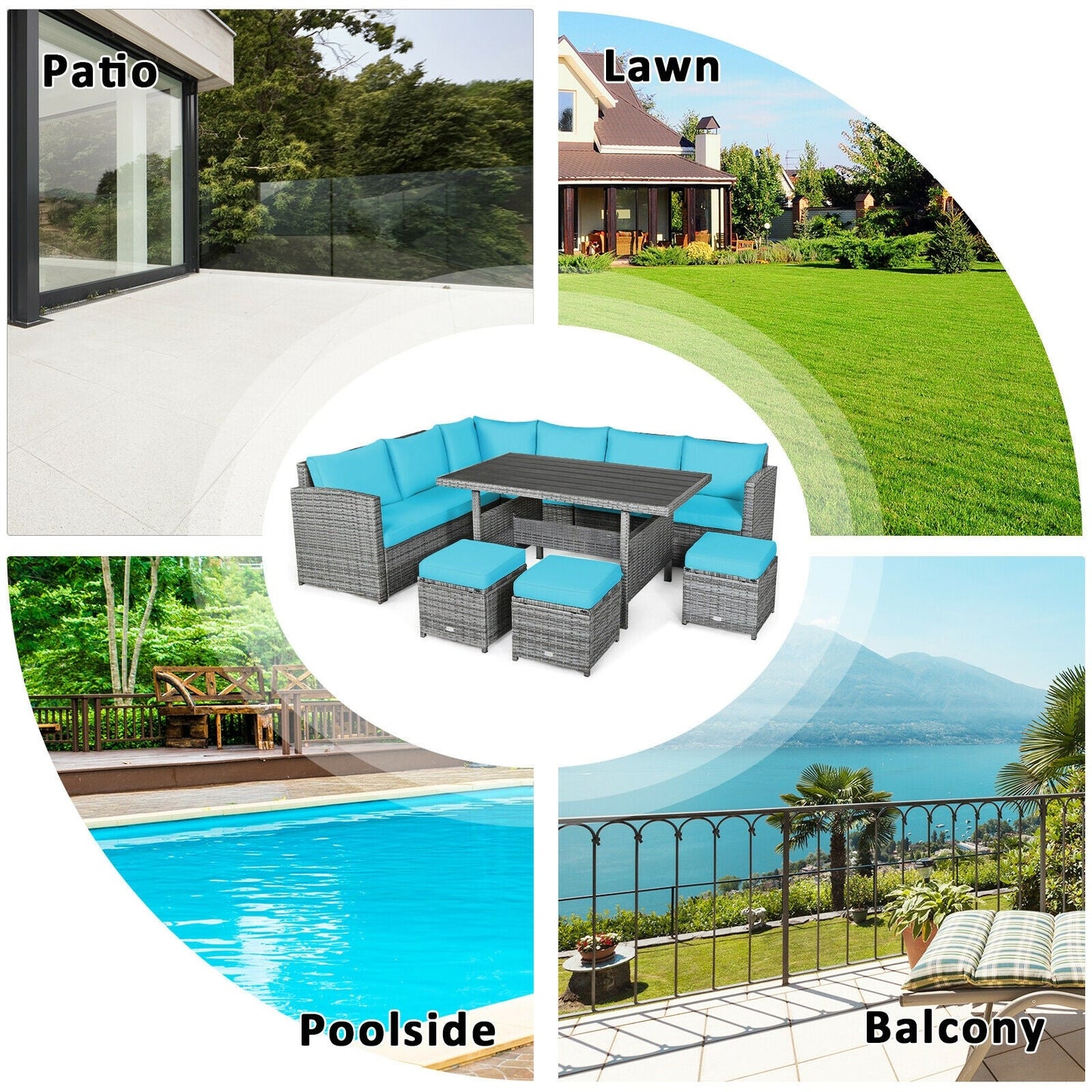 Fully Assembled, 7 Pieces Patio Rattan Dining Furniture Sectional Sofa Set with Wicker Ottoman-Turquoise
