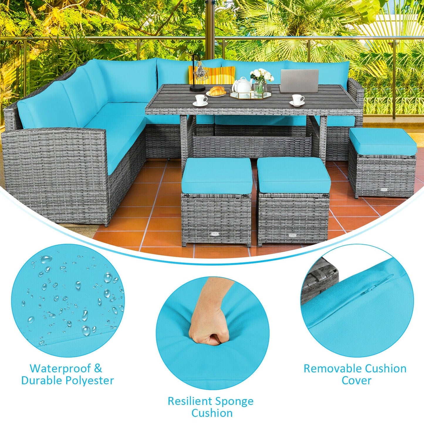 Fully Assembled, 7 Pieces Patio Rattan Dining Furniture Sectional Sofa Set with Wicker Ottoman-Turquoise