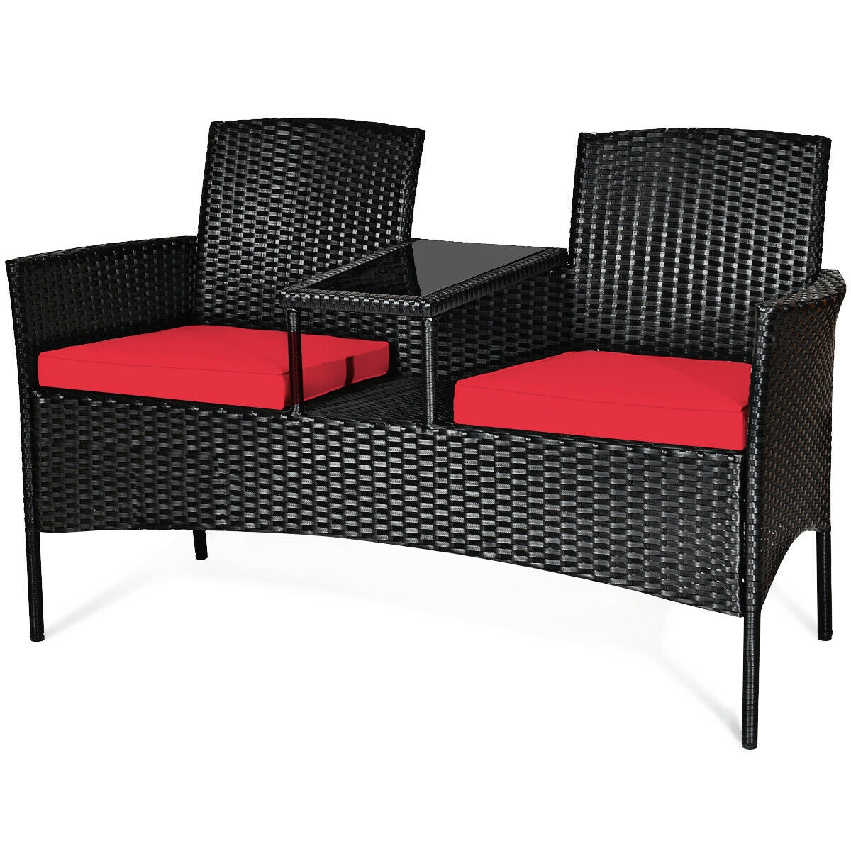 Wicker Patio Conversation Furniture Set with Removable Cushions and Table-Red - Fully Assembled