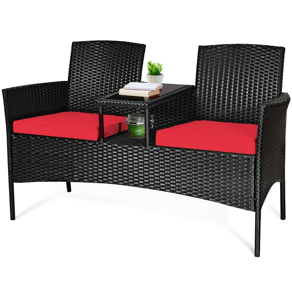 Wicker Patio Conversation Furniture Set with Removable Cushions and Table-Red - Fully Assembled